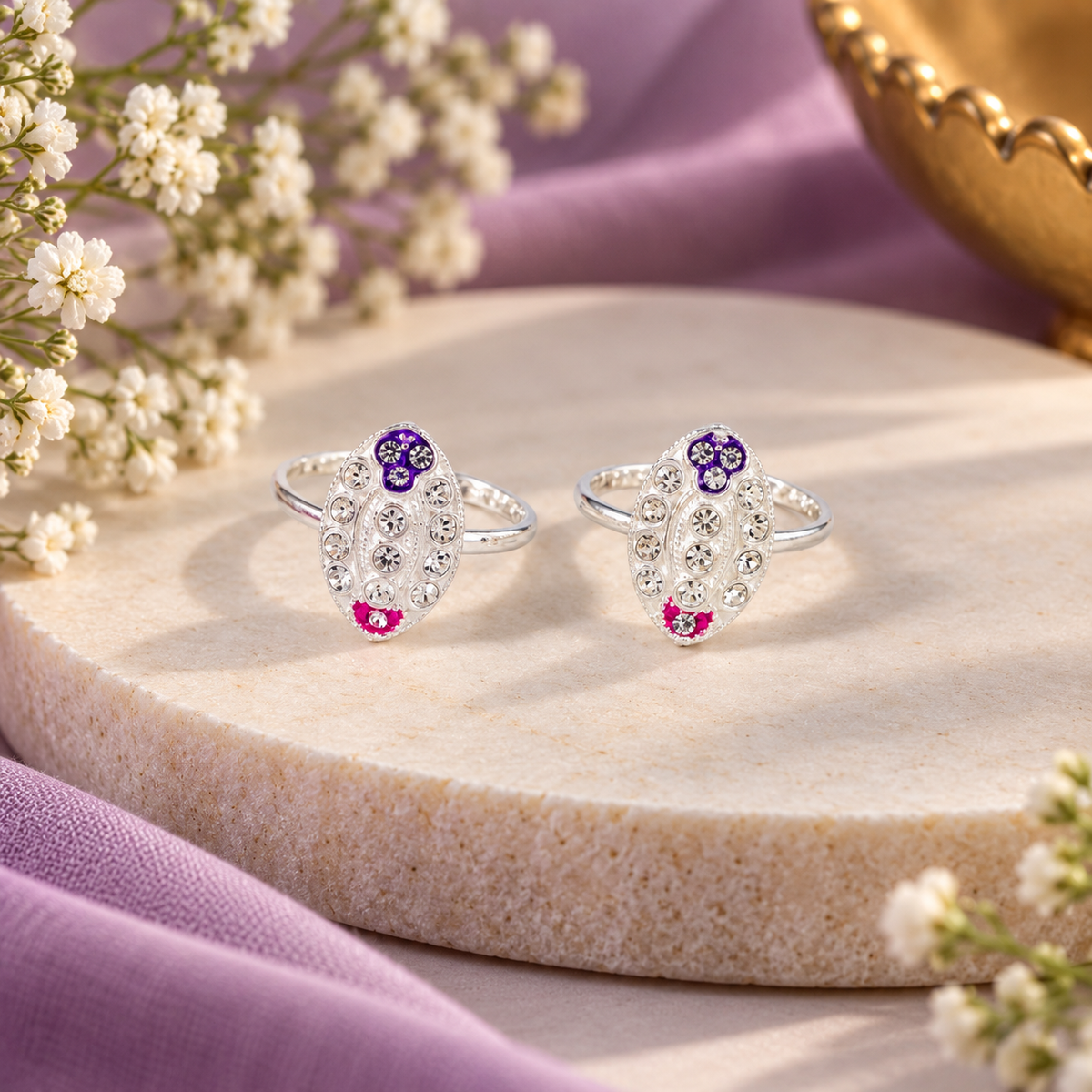 Riyana Dual Blossom Silver Toe Rings
