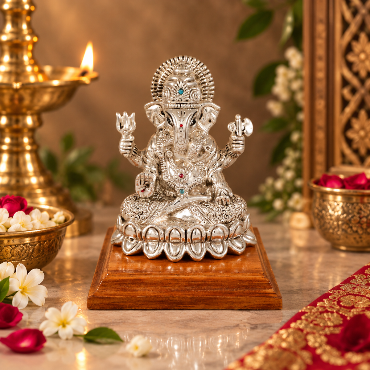 Kamalasana Trishul Ganapati Silver Idol