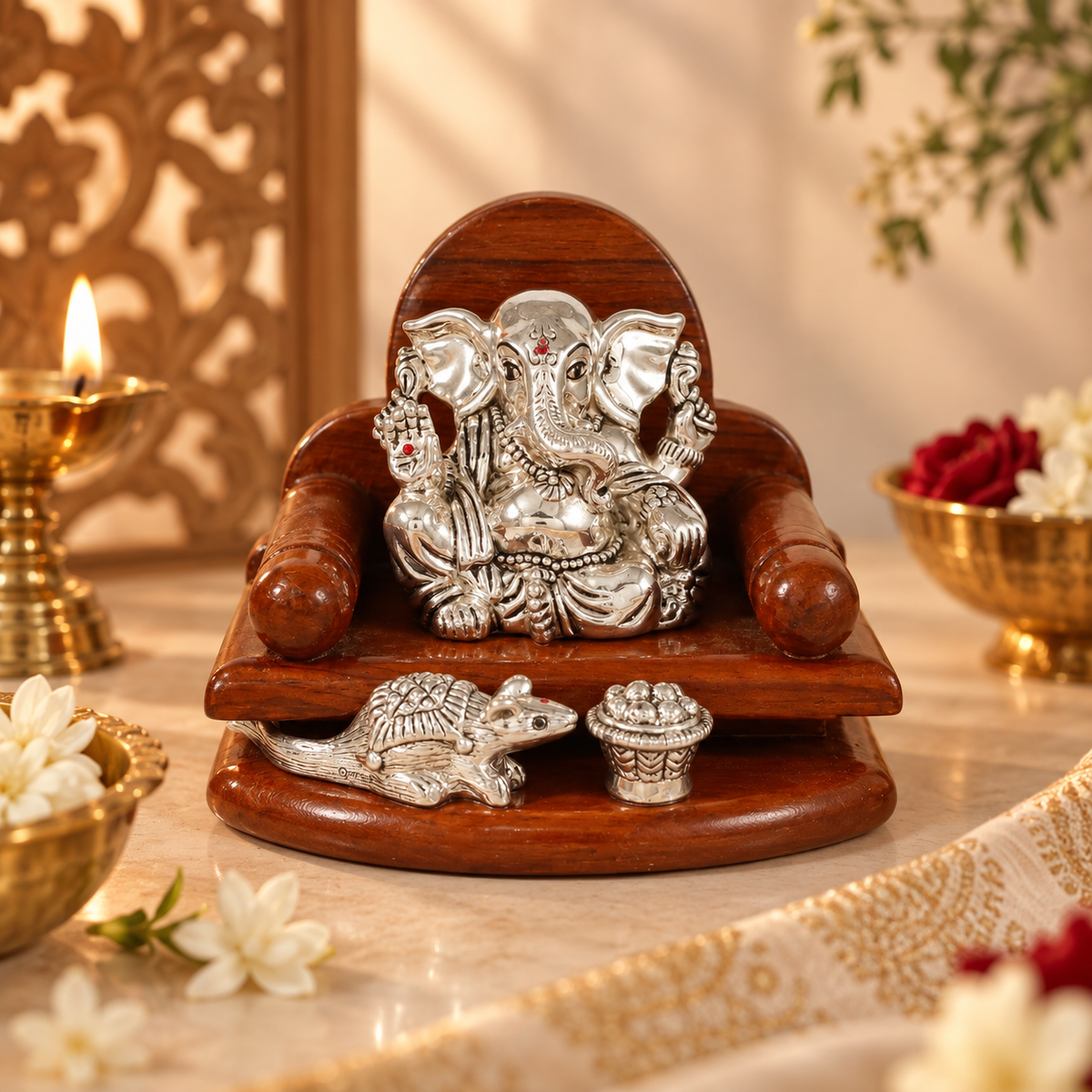 Rajsinghasan Mushakraj Ganesha Silver Idol
