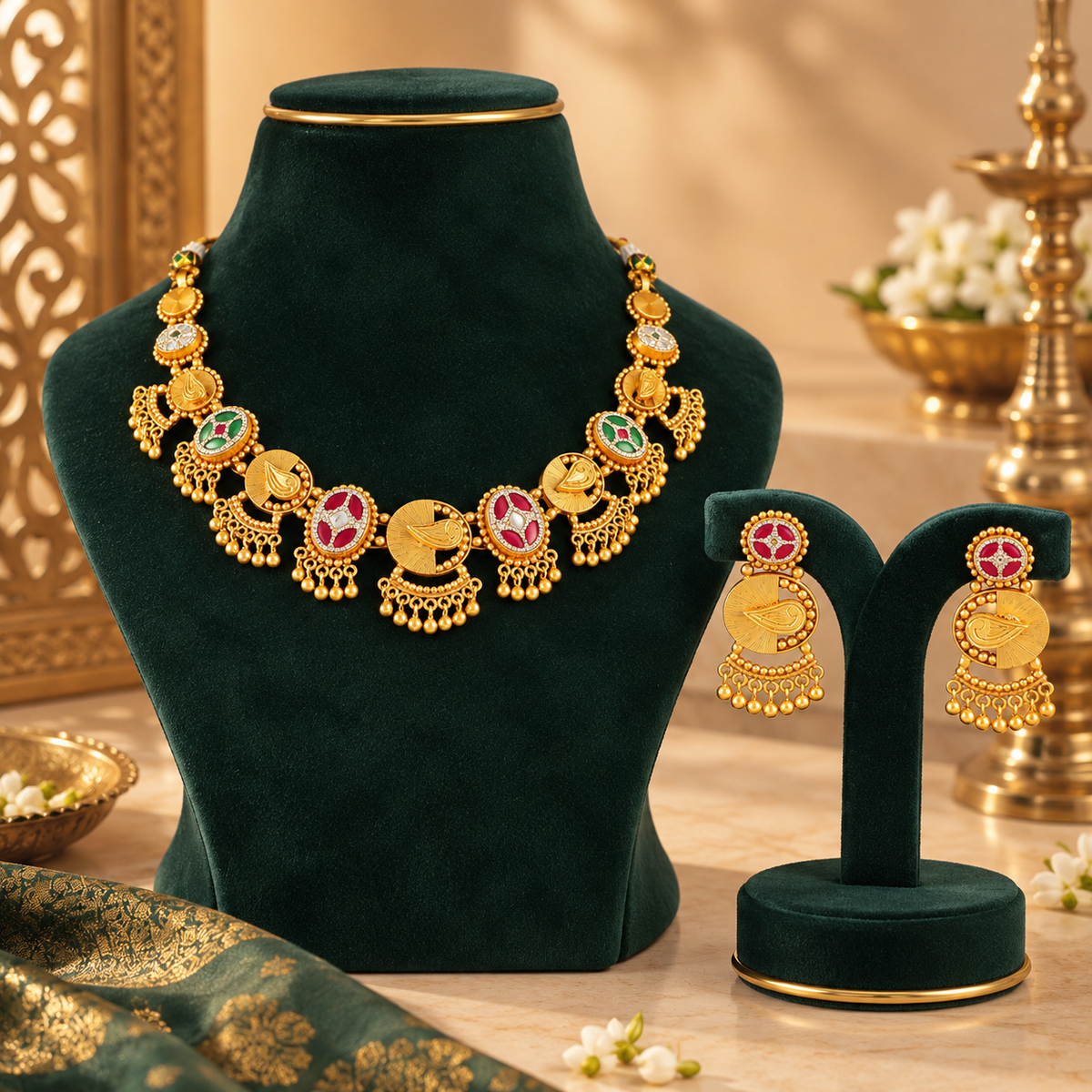 Kavira Peacock Meenakari Silver Necklace Set