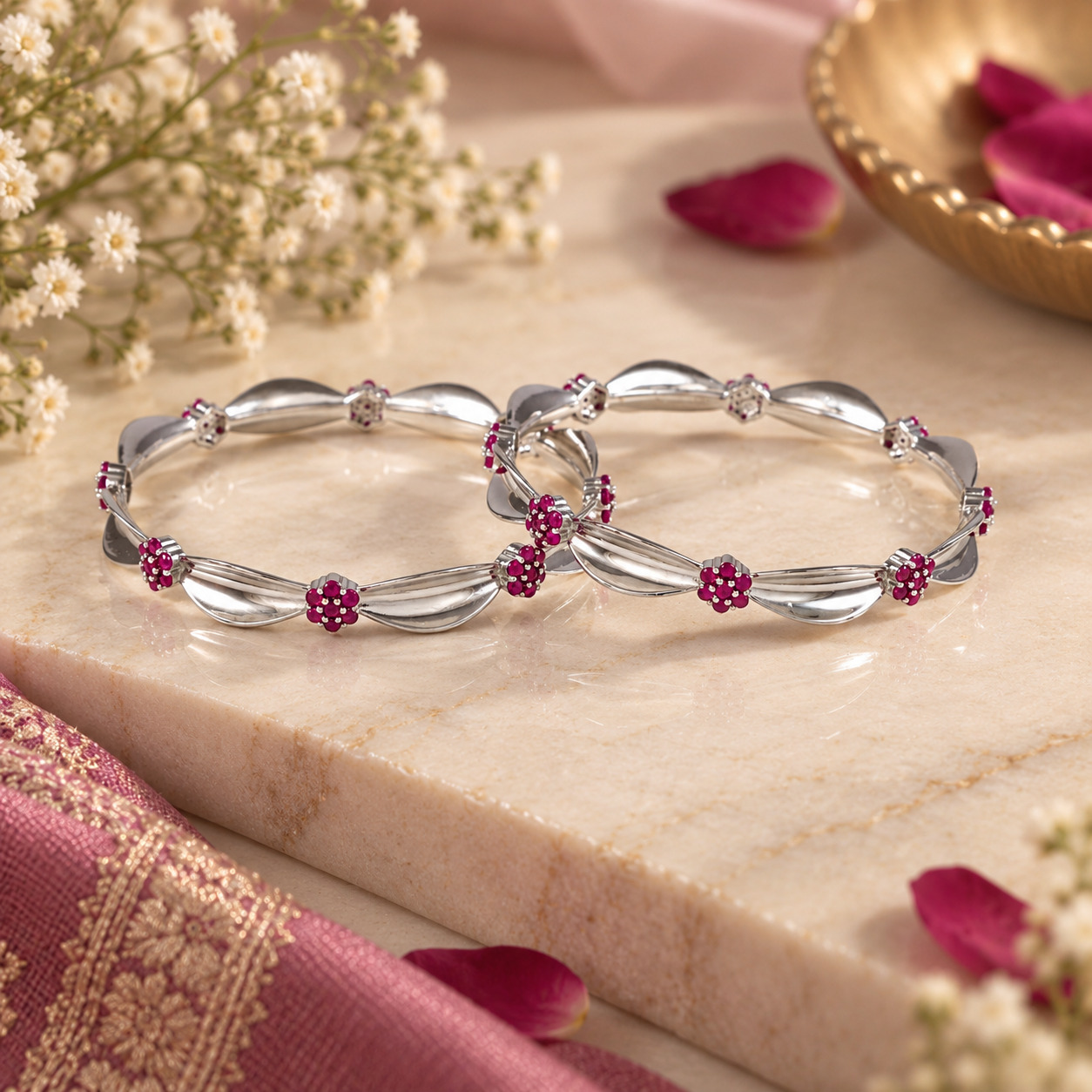 Inaya Floral Ruby Silver Bangles