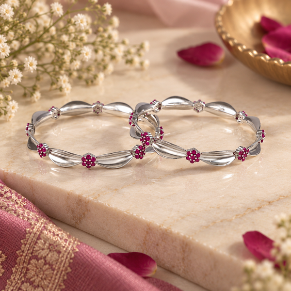 Inaya Floral Ruby Silver Bangles