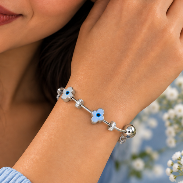 Floral Evil Eye Silver Bangle