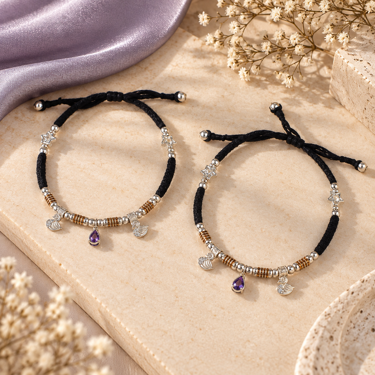 Mystic Amethyst Charm Silver Anklets