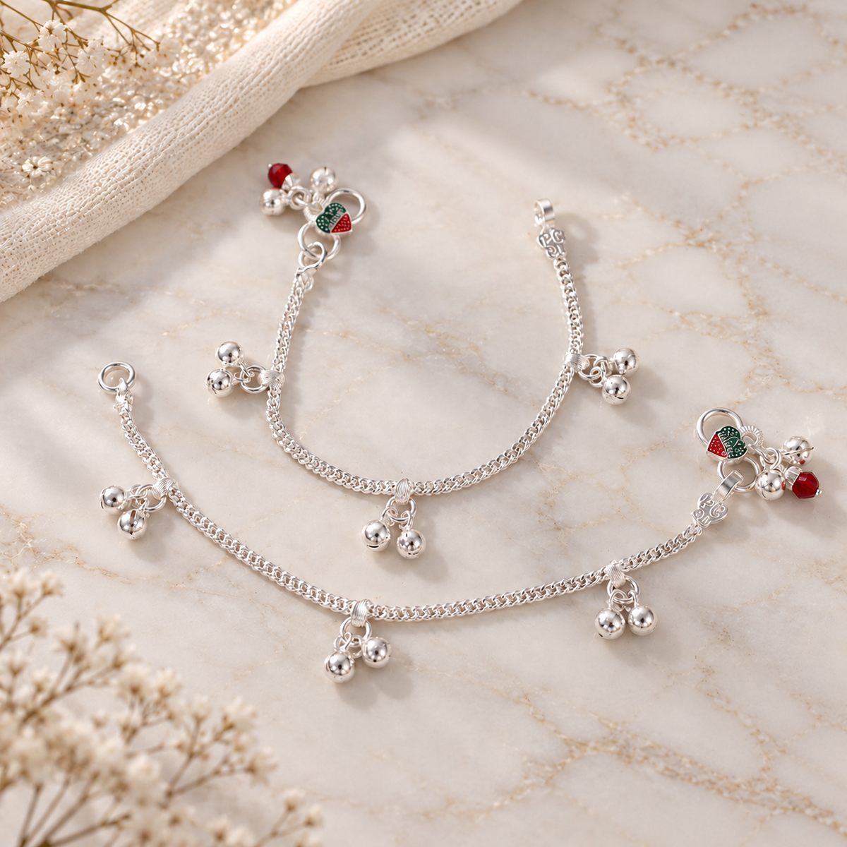 Berry Bell Silver Anklets For Kids