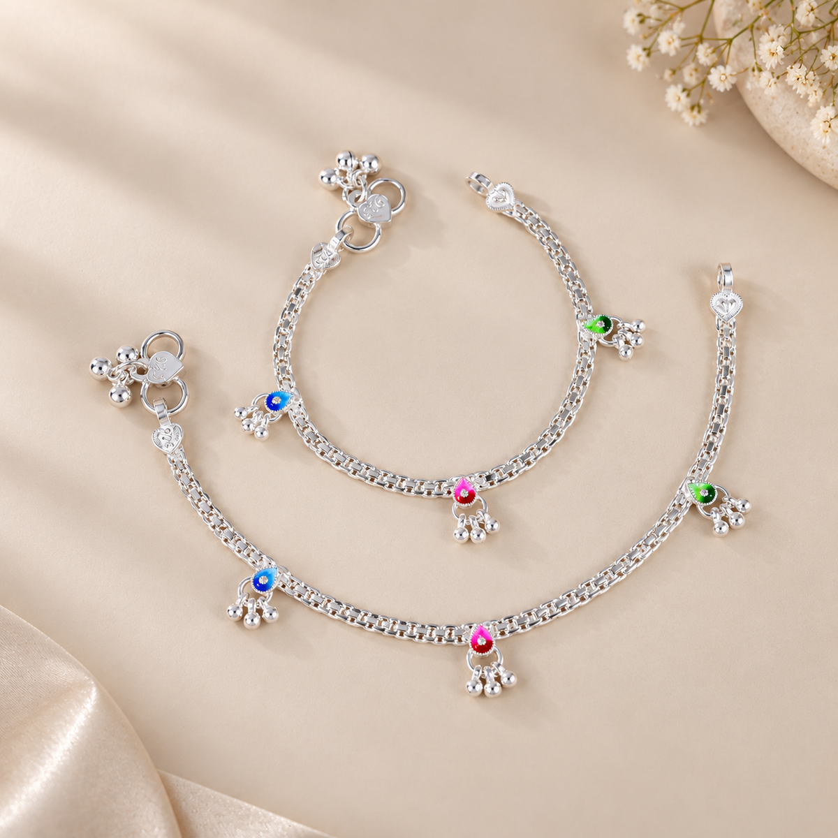 Rainbow Drop Silver Baby Anklets