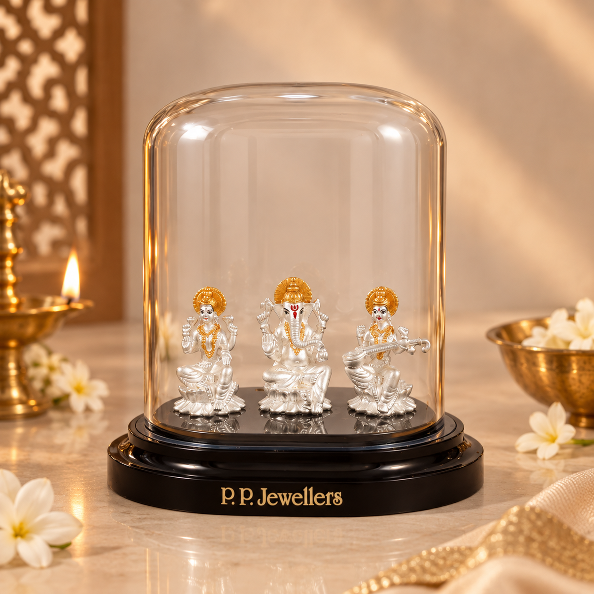 Lakshmi Ganesh Saraswati Silver Idol