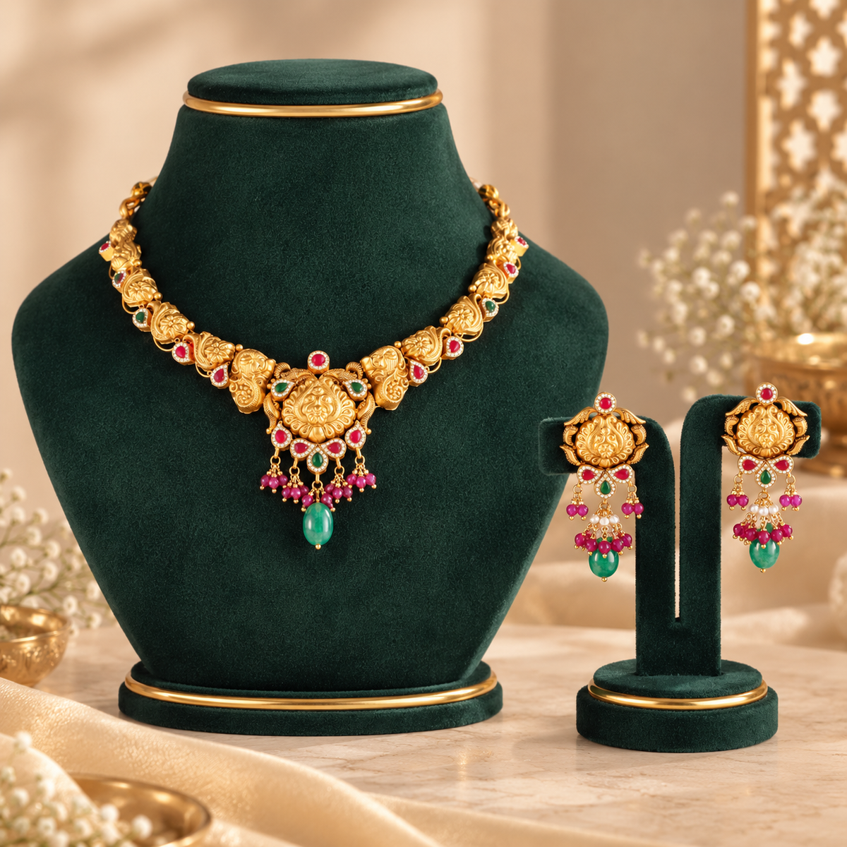 Mayurika Emerald Ranihaar Gold Set