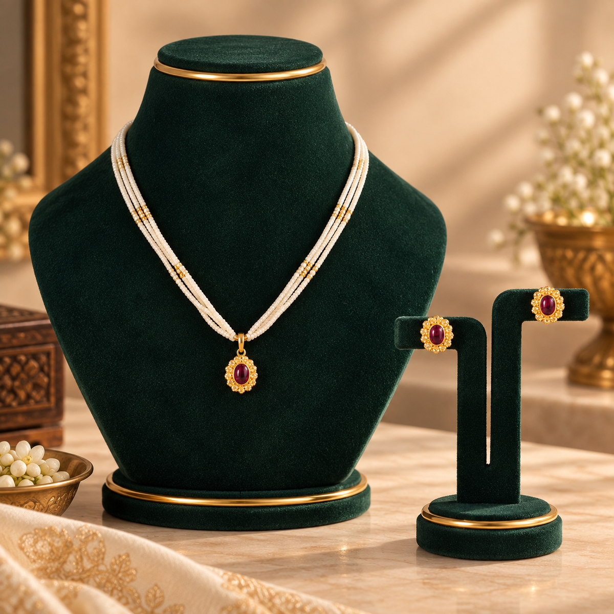 Ruhani Ruby Stud Gold Pendant Set