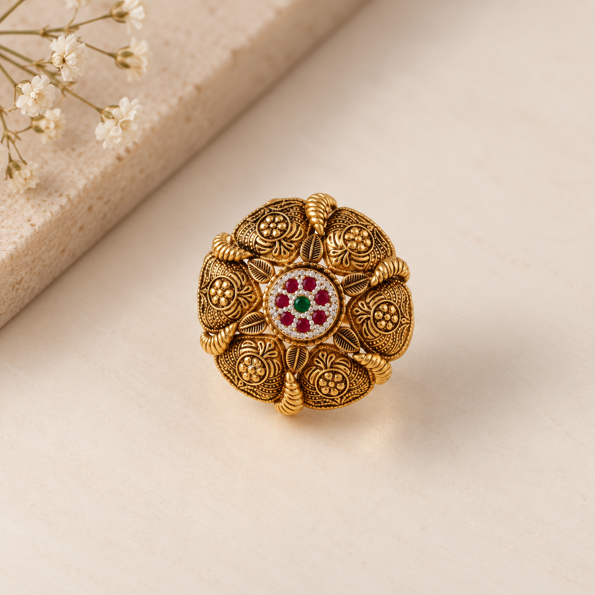 Floral Ruby Medallion Gold Ring