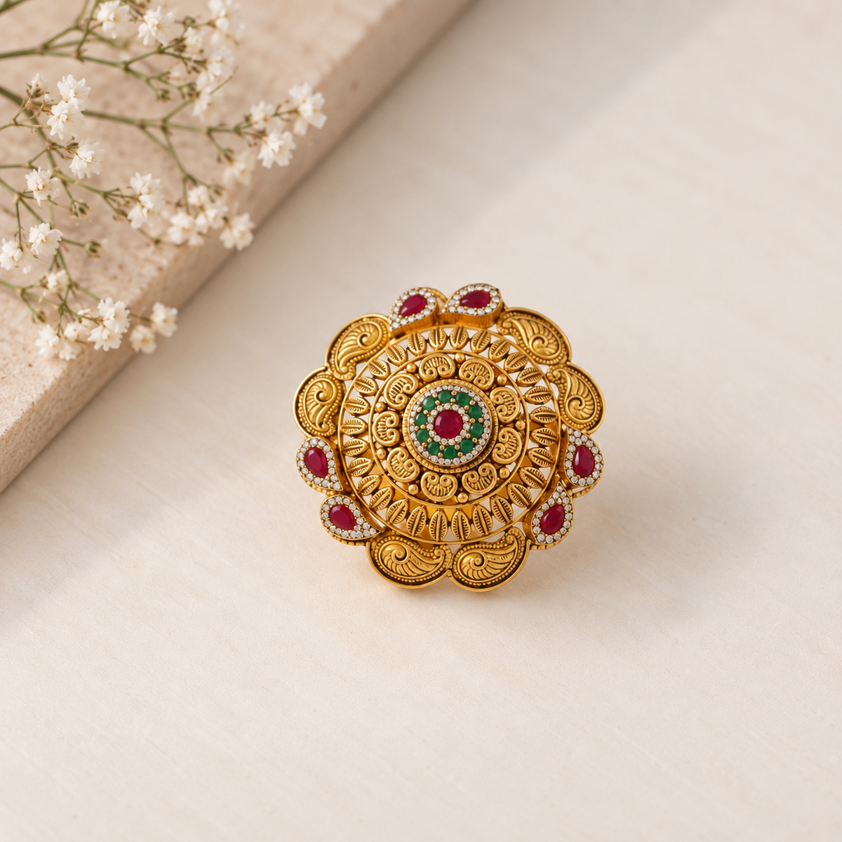 Ruby Emerald Mandala Gold Ring