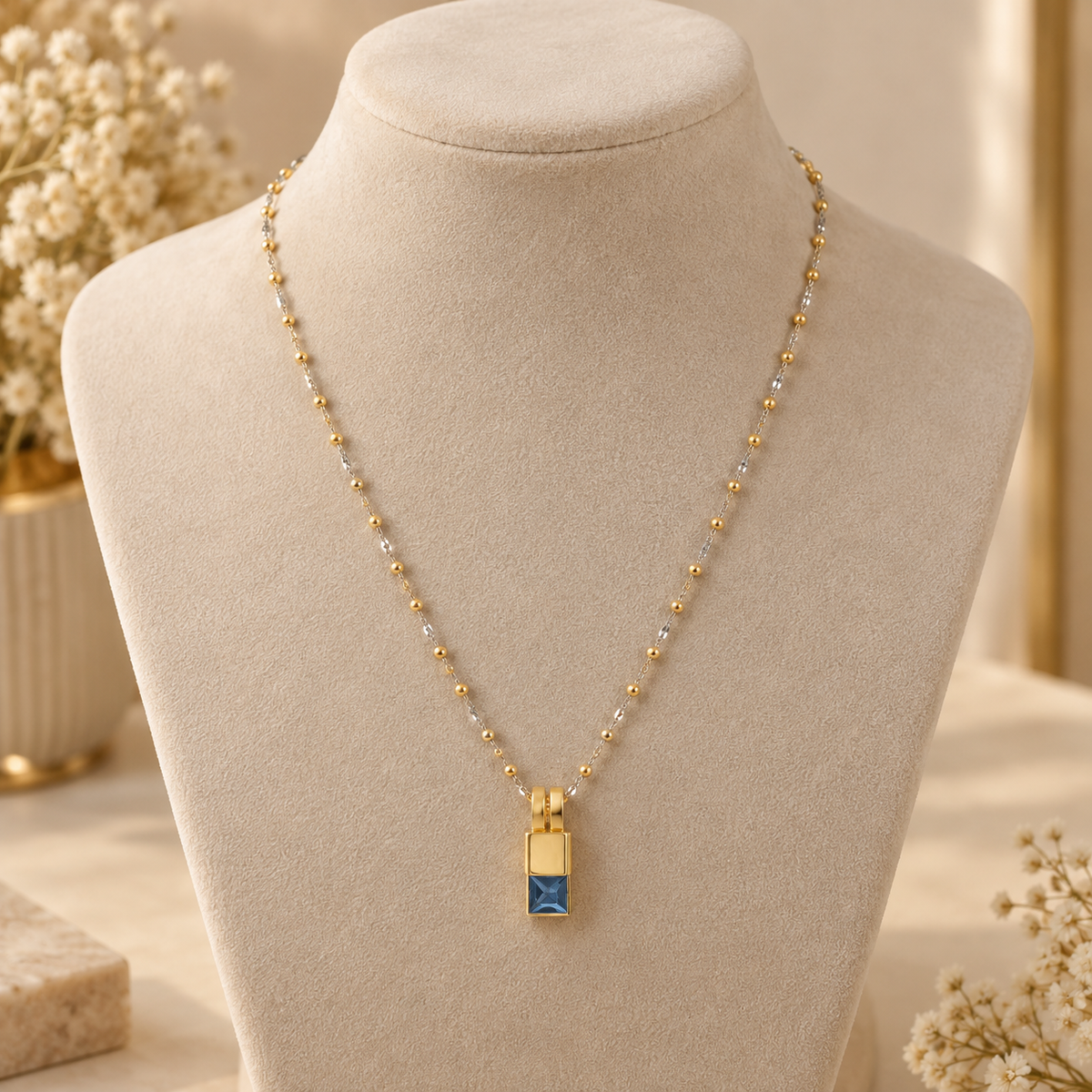 Zoya Sapphire Square Bead Gold Chain