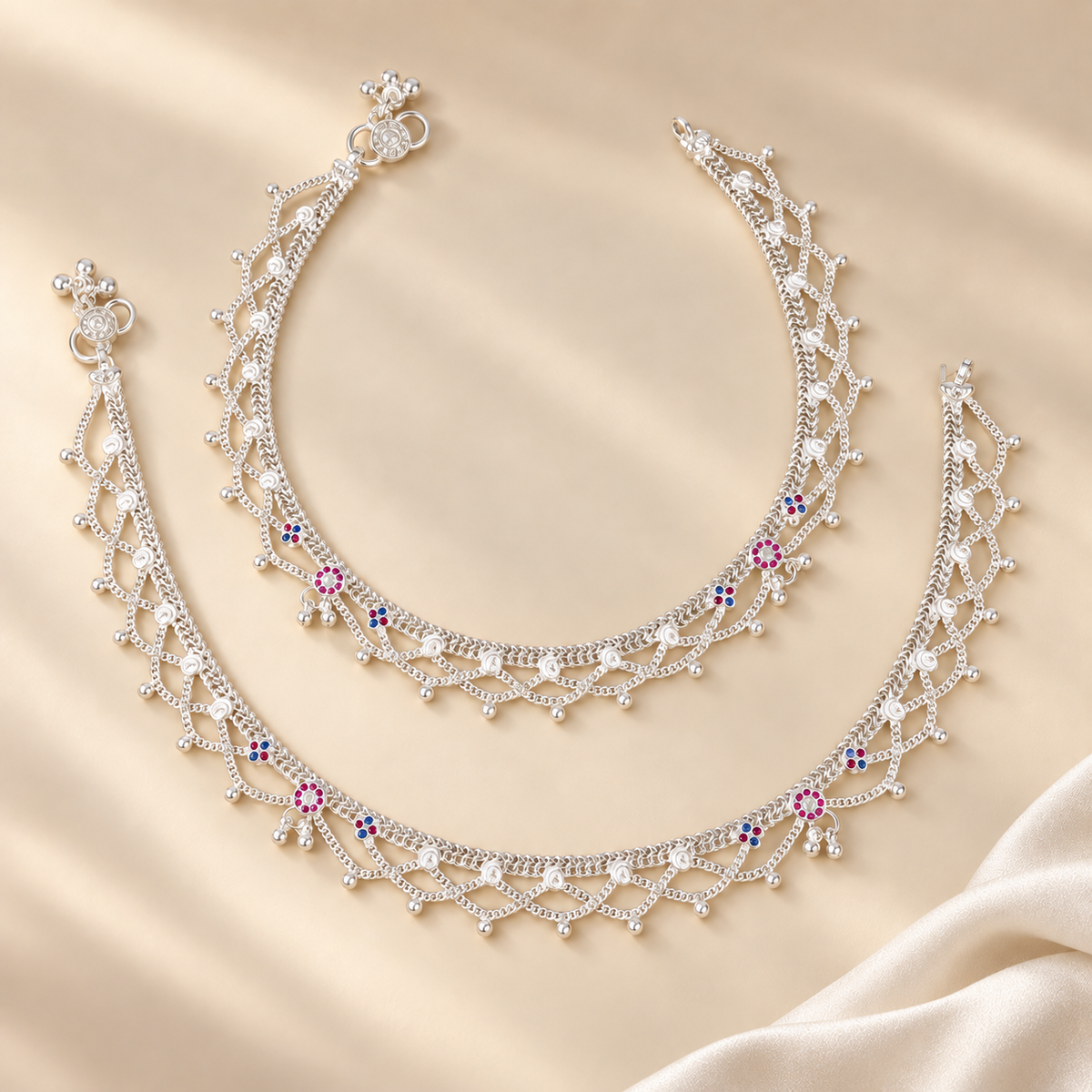 Veda Cascade Silver Anklets