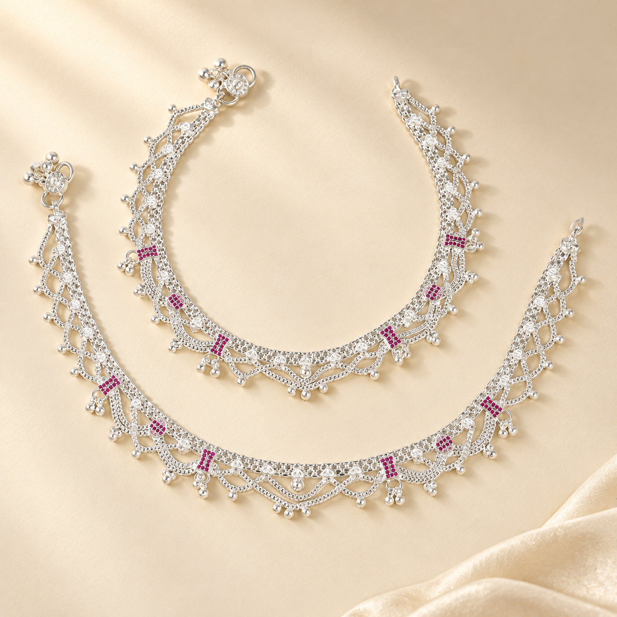 Ahana Ruby Draped Silver Anklets