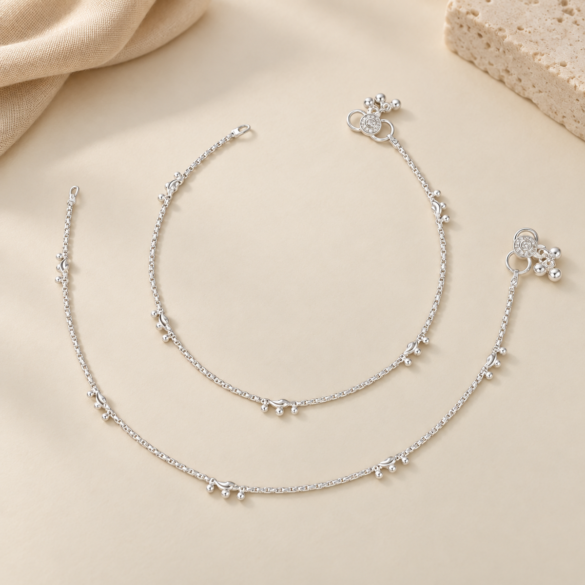Prisha Minimal Beaded Chain Silver Anklets