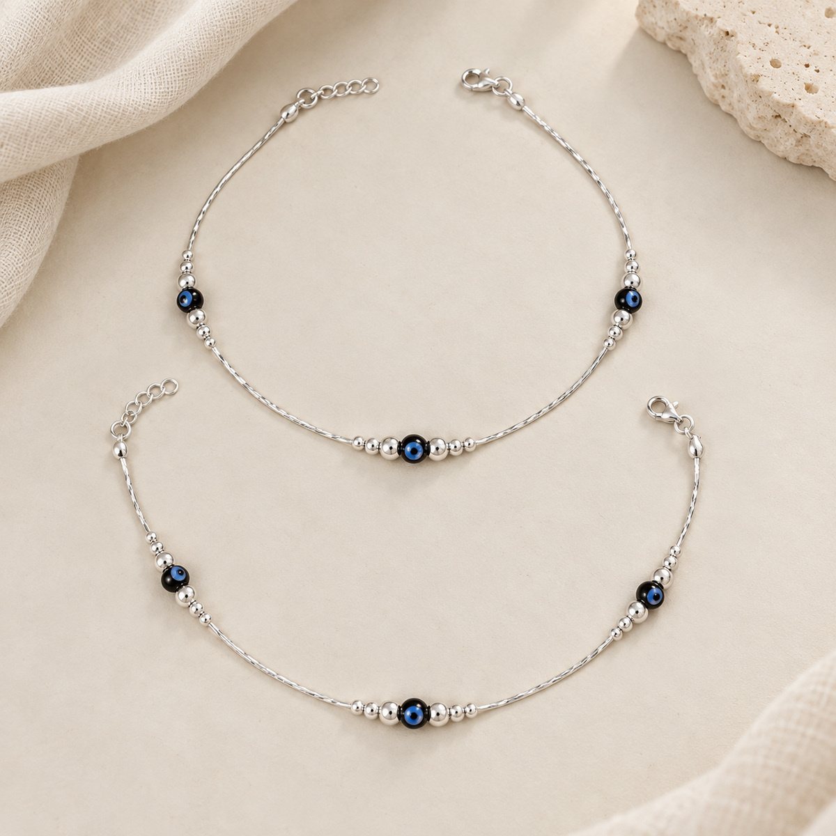 Myra Evil Eye Bead Silver Anklets