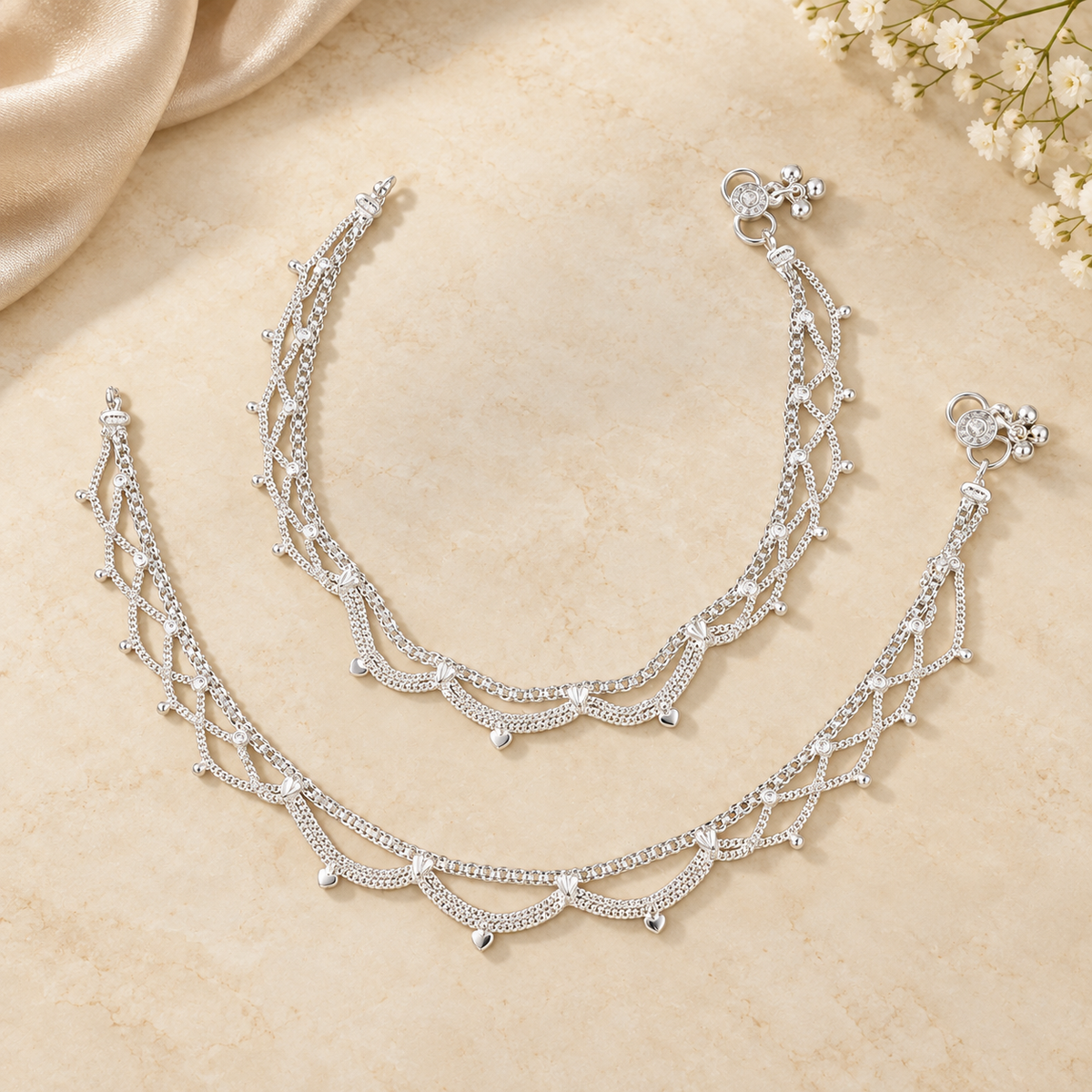 Diya Heart Draped Chain Silver Anklets