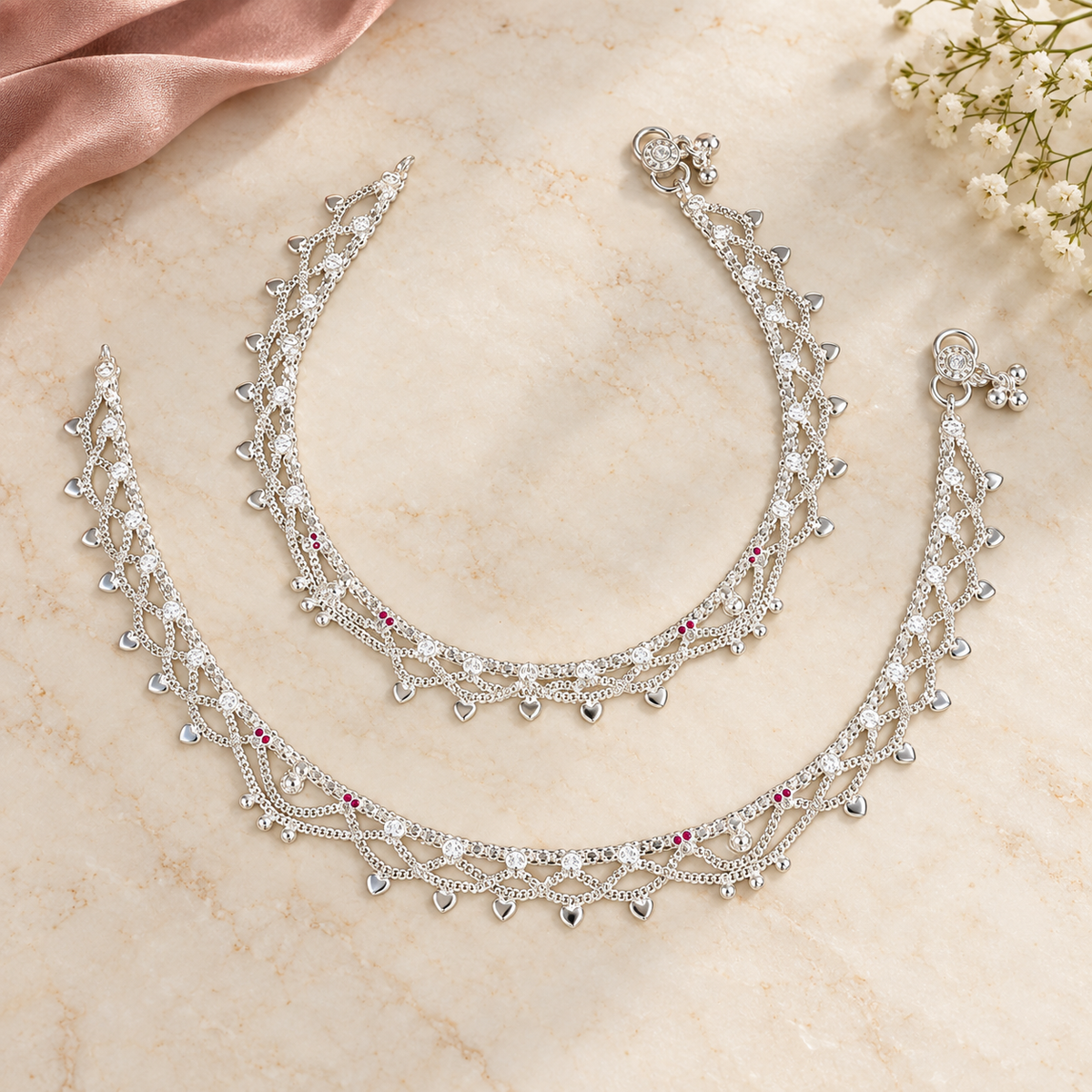 Avika Heart Cascade Silver Anklets