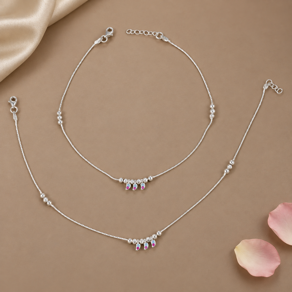Jiya Tricolor Drop Bead Silver Anklets