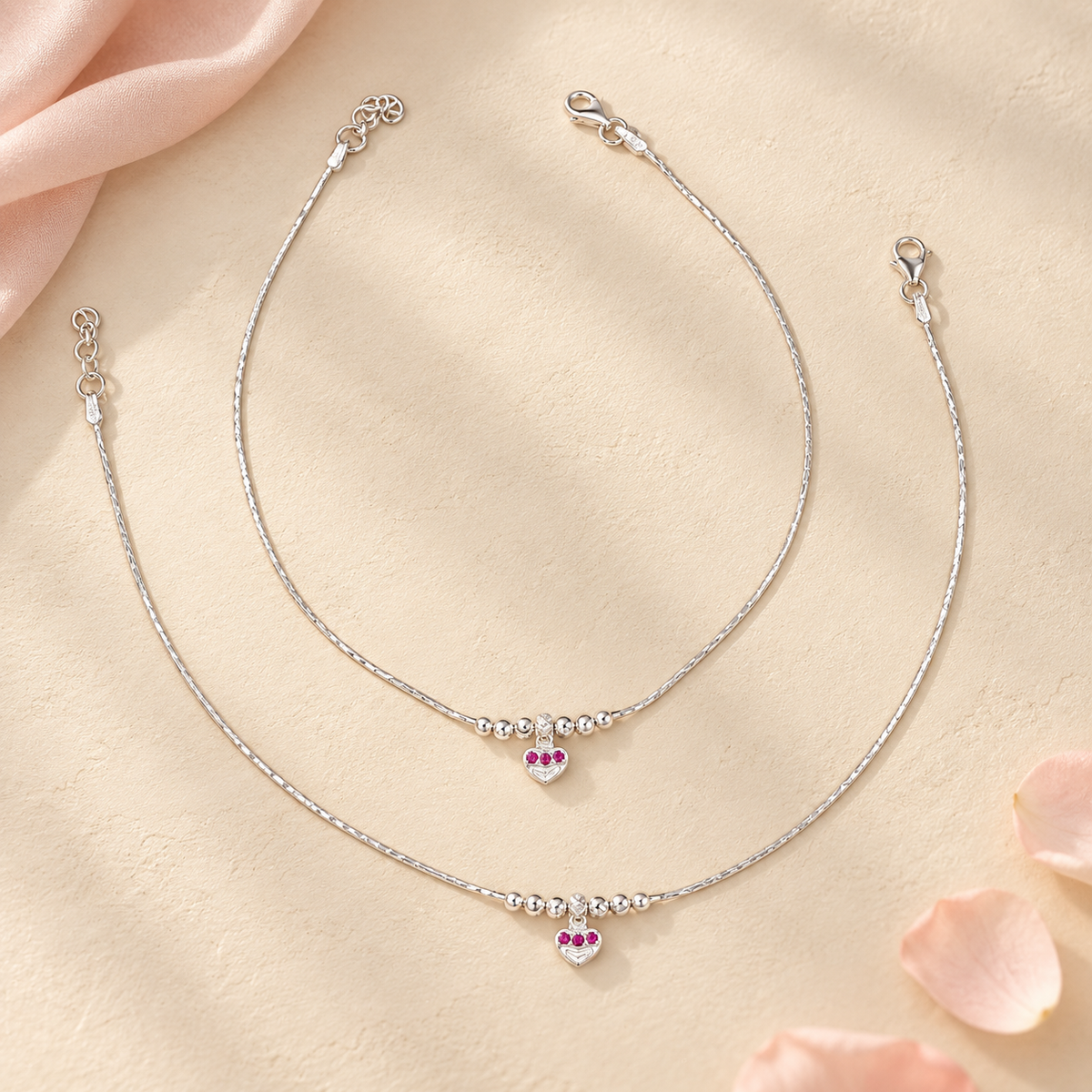 Saanvi Ruby Heart Charm Silver Anklets