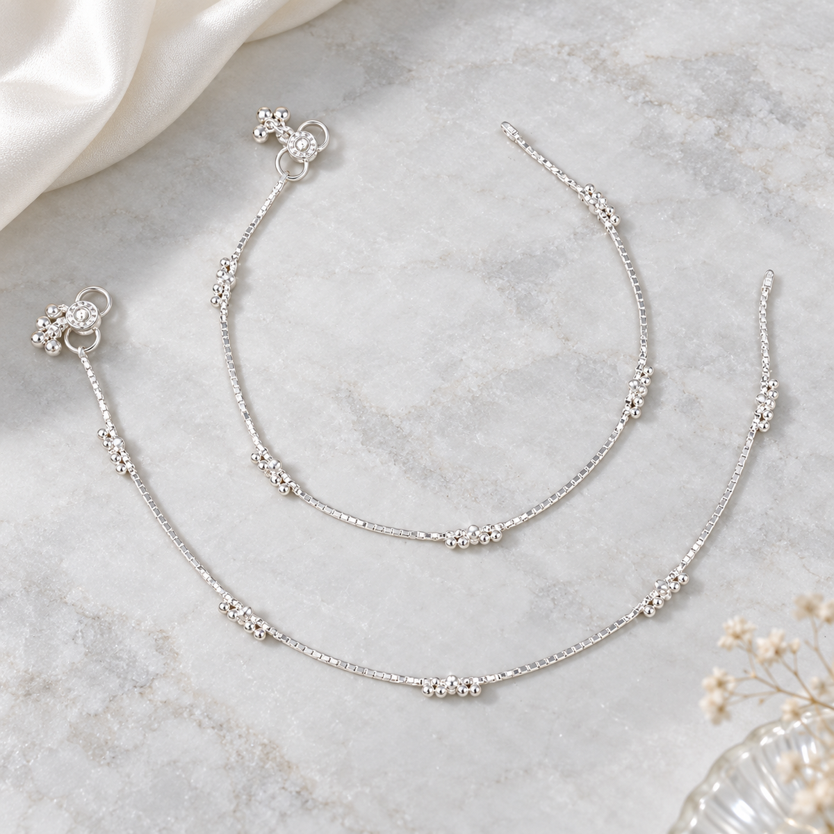 Charvi Cluster Bead Chain Silver Anklets