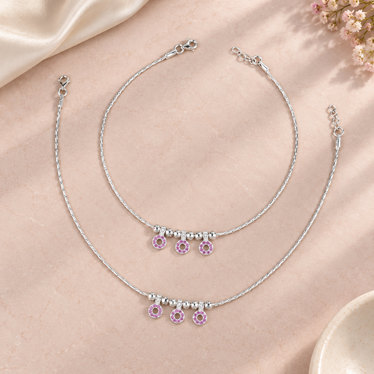 Vanya Pink Halo Trio Silver Anklets