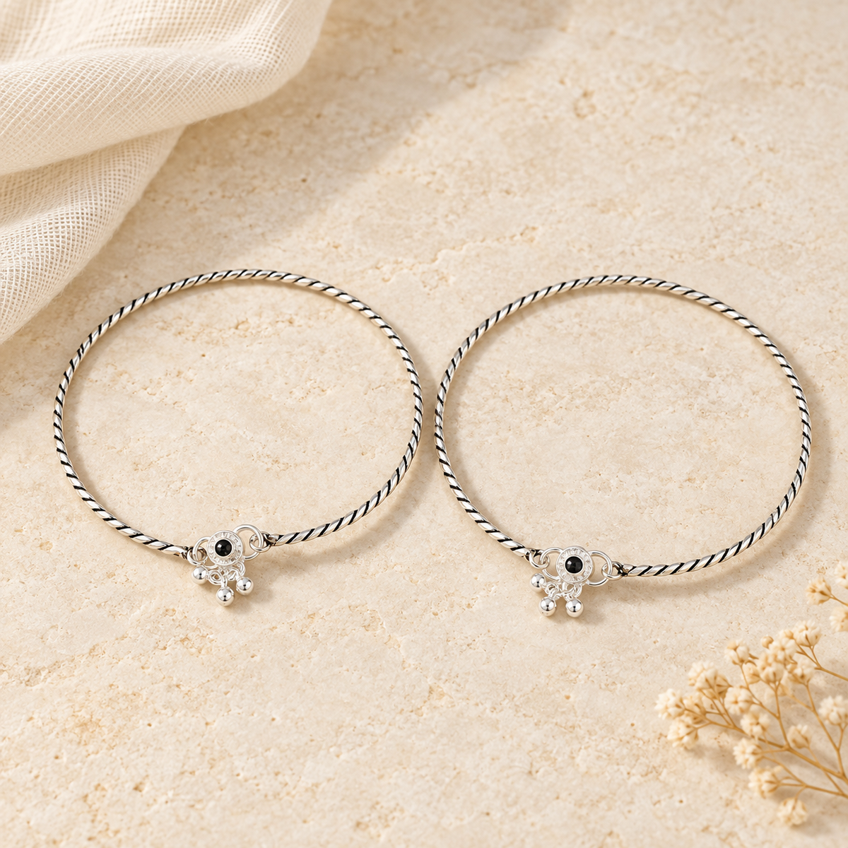 Nyra Oxidized Twist Silver Anklets Kada
