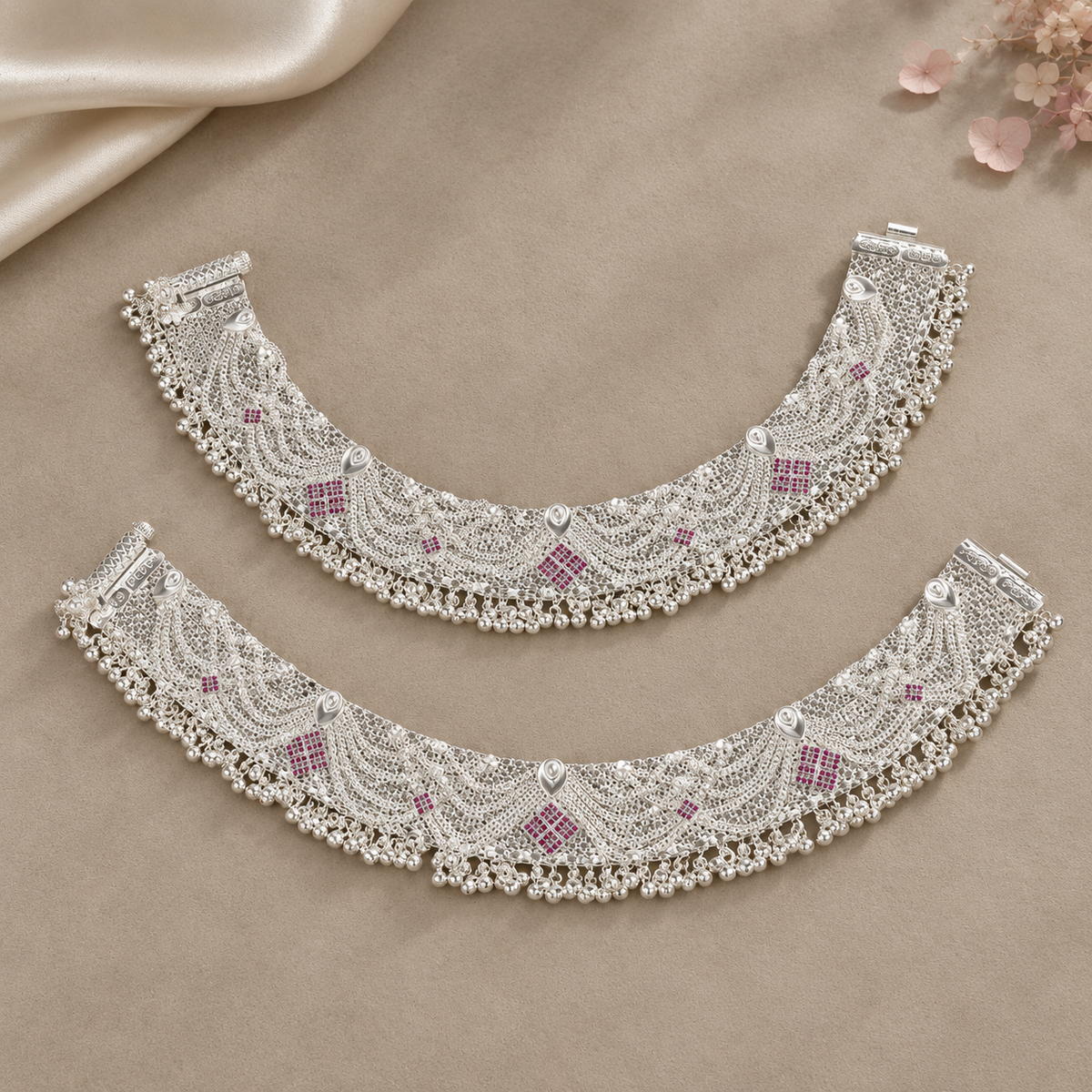 Aahana Ruby Mesh Silver Anklets