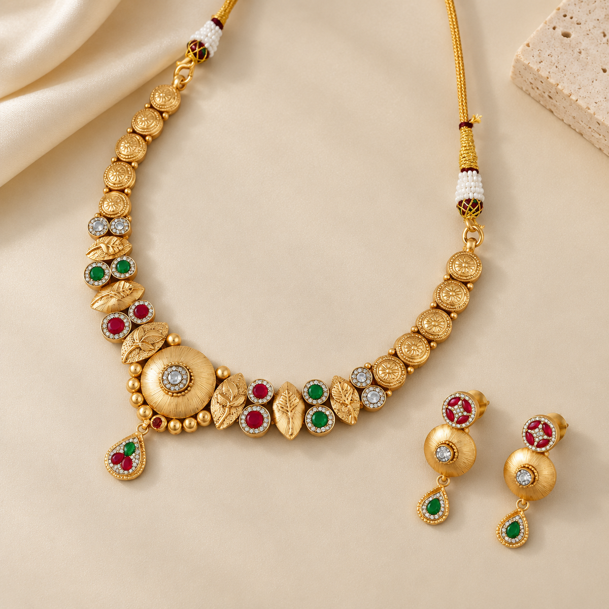 Akshara Navratna Leaf Necklace Set