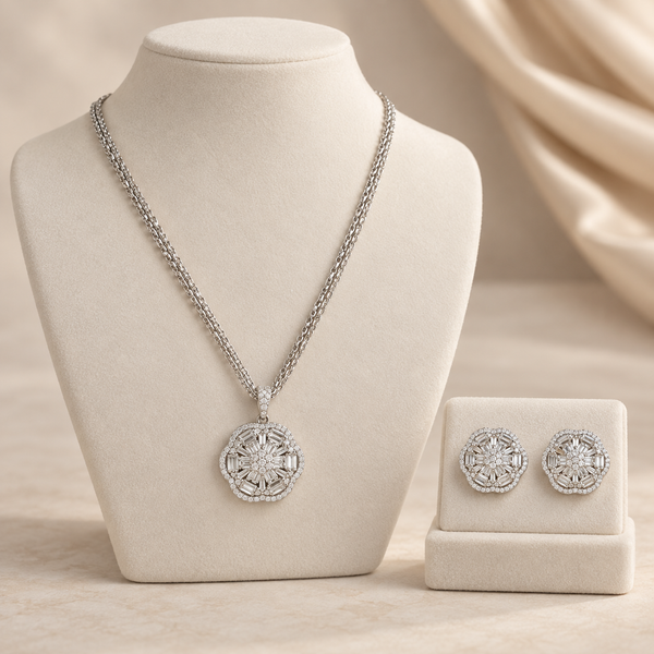 Yashvi Crystal Rosette Silver Pendant Set