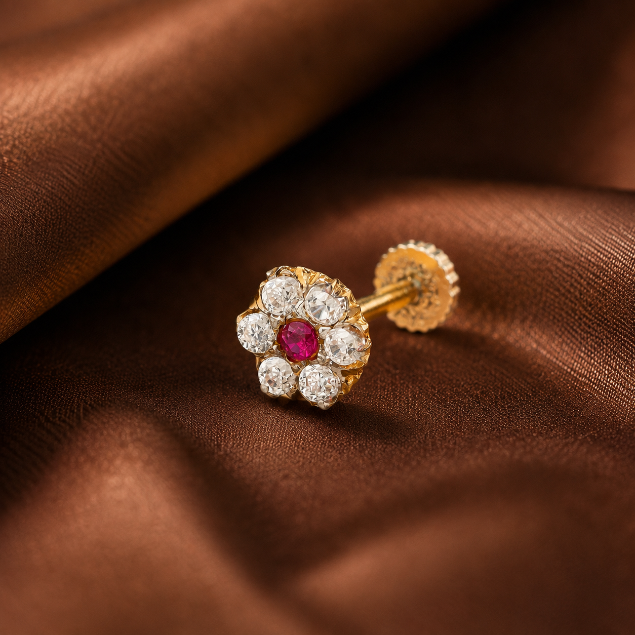 Trisha Red Center Flower Gold Nose Pin