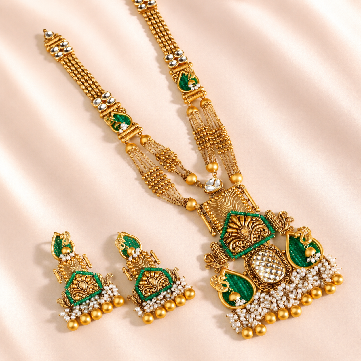 Temple Green Long Gold Necklace Set