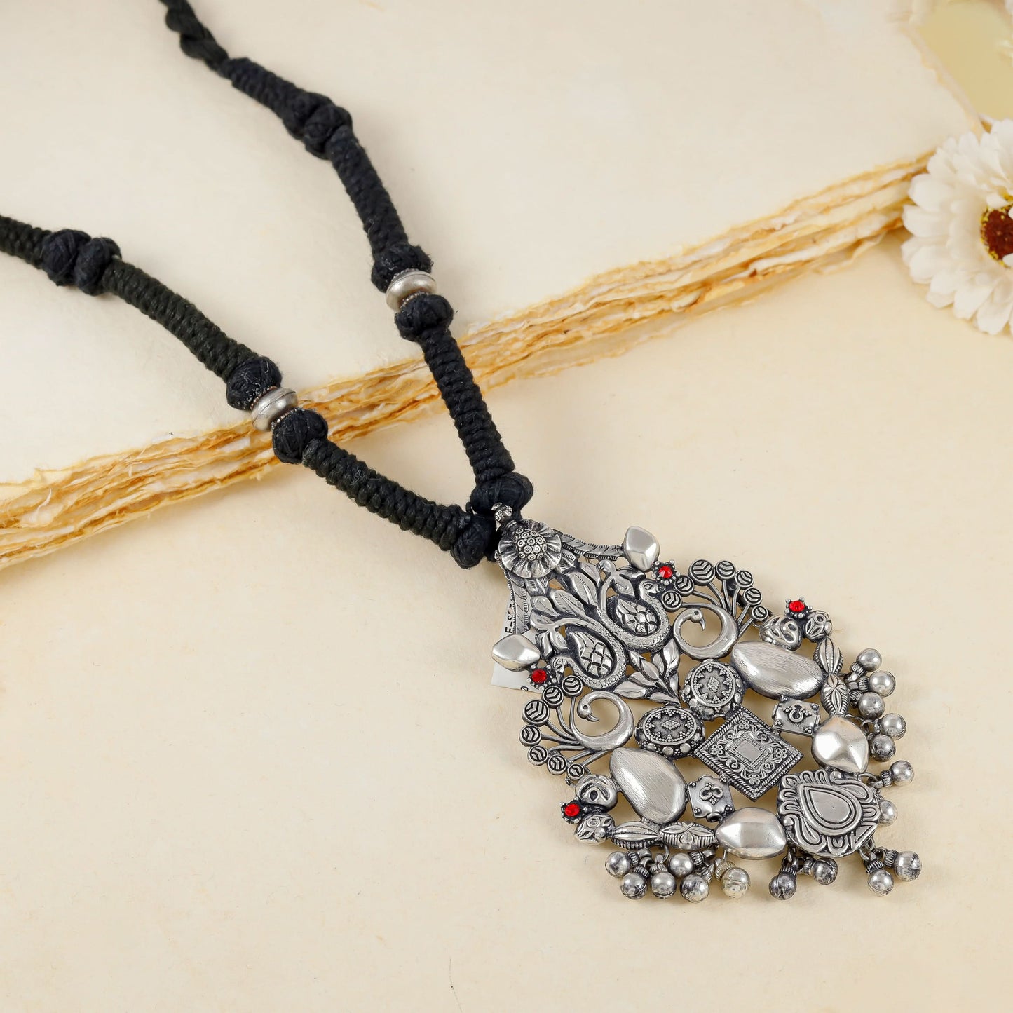 Nritya Antique Silver Tribal Black Thread Necklace