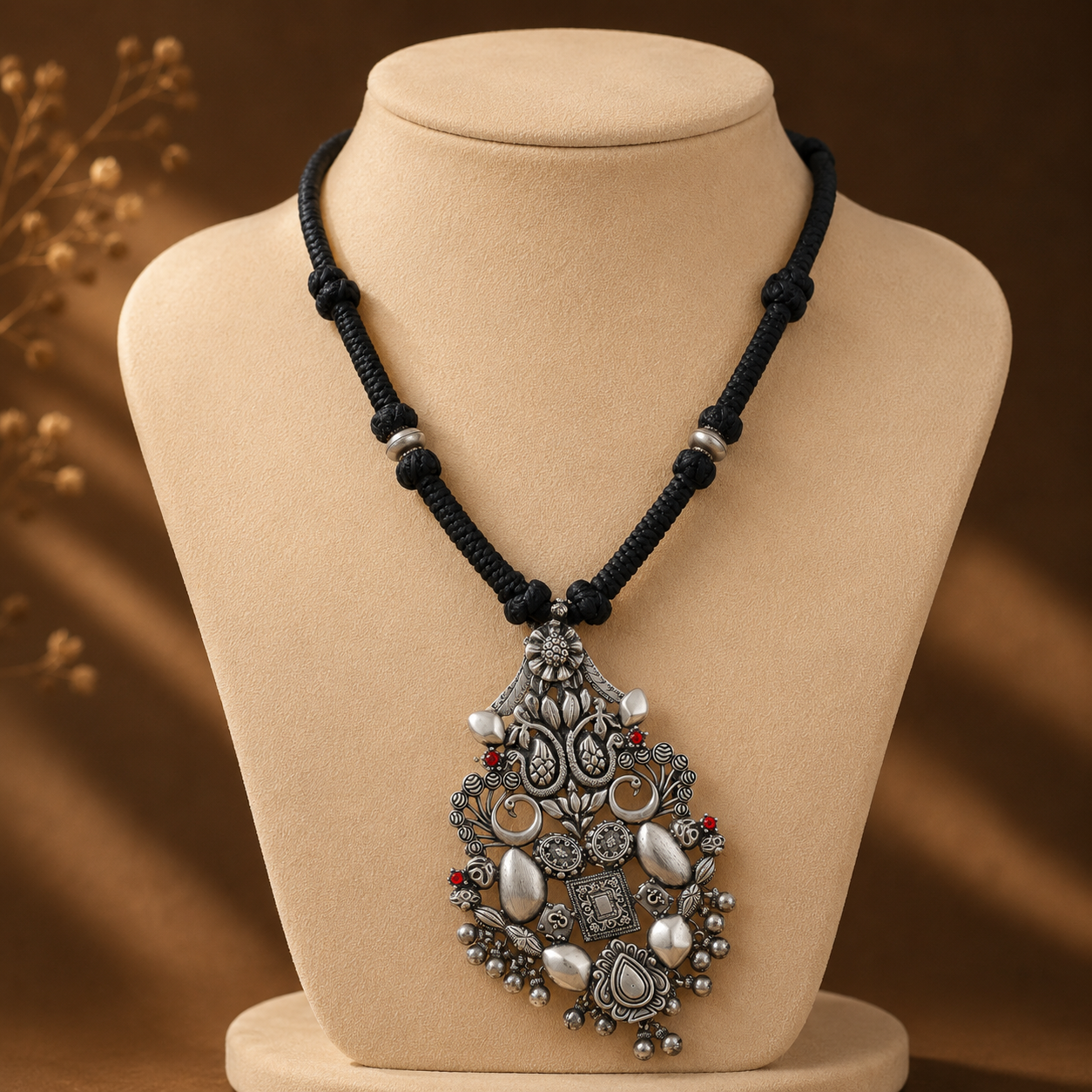 Nritya Antique Silver Tribal Black Thread Necklace