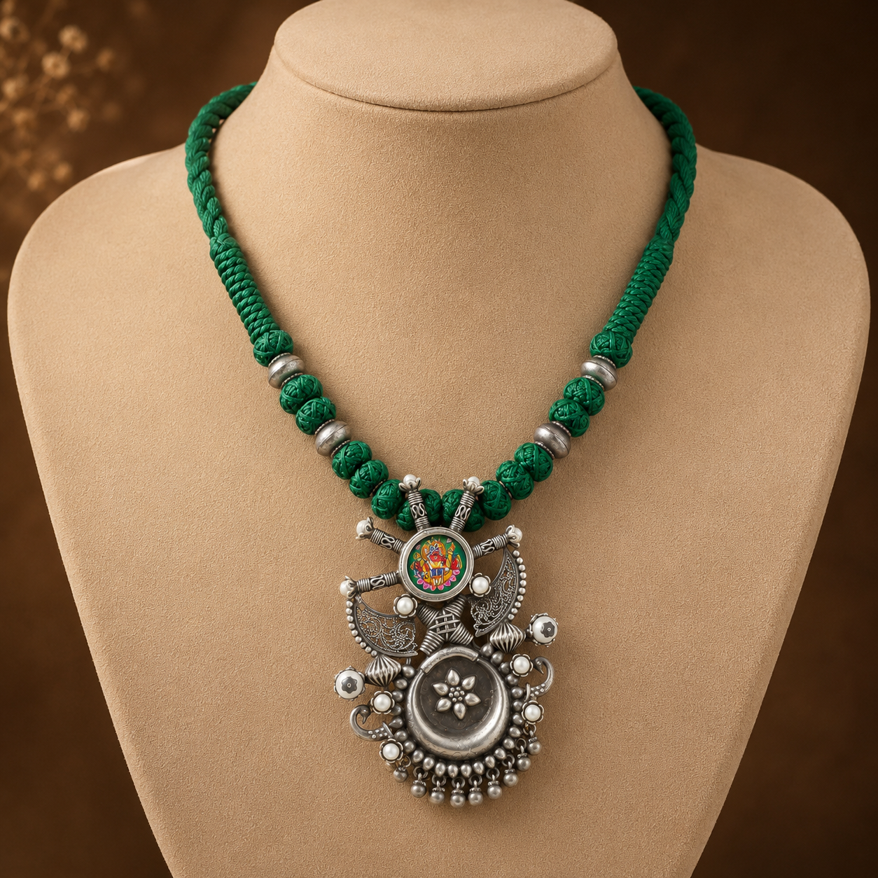 Devika Tribal Fusion Green Thread Silver Necklace