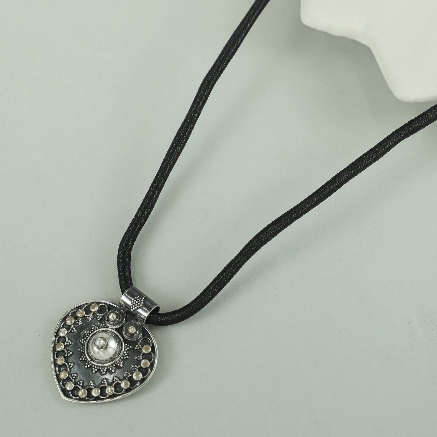 Aahana Heart Charm Silver Black Thread Necklace