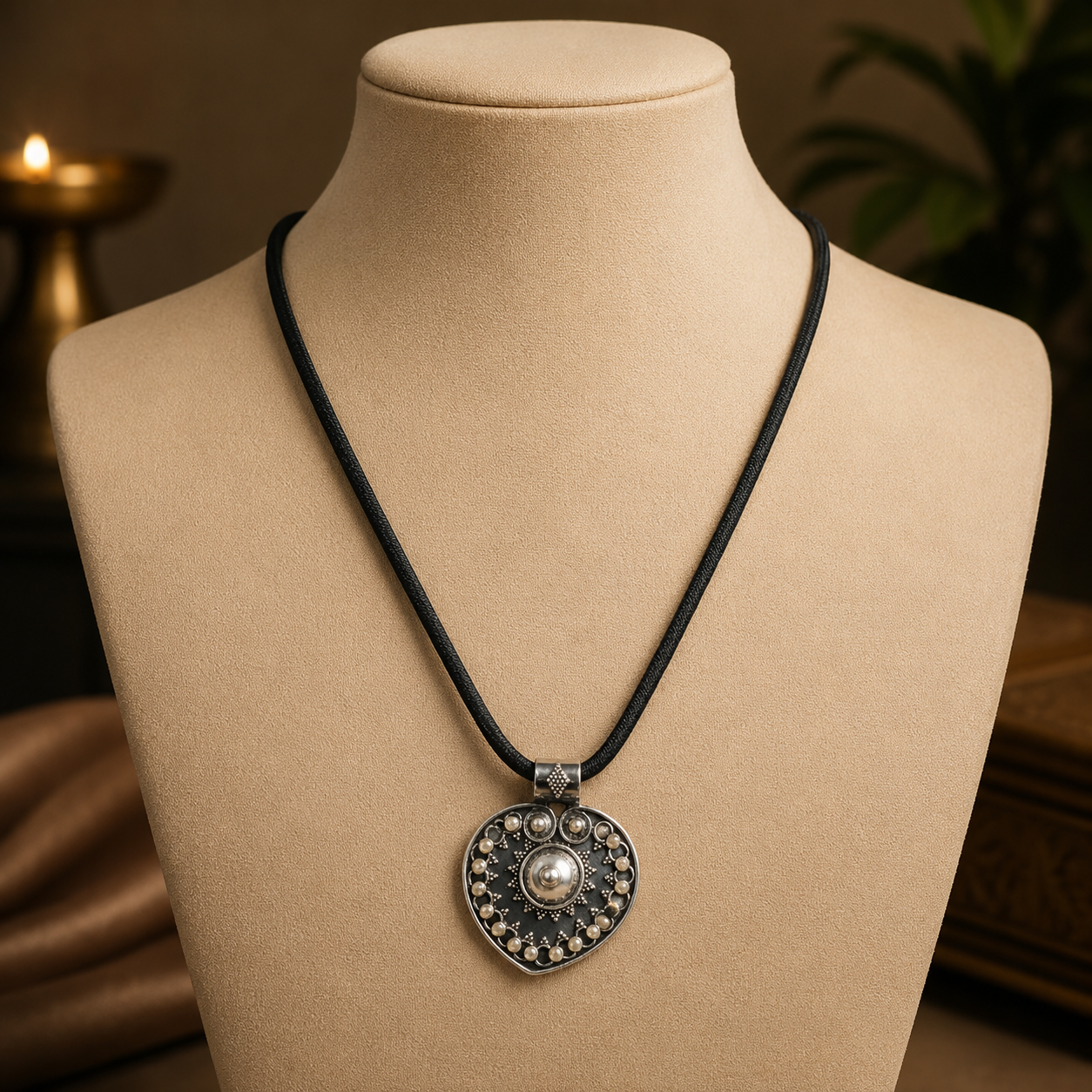 Aahana Heart Charm Silver Black Thread Necklace
