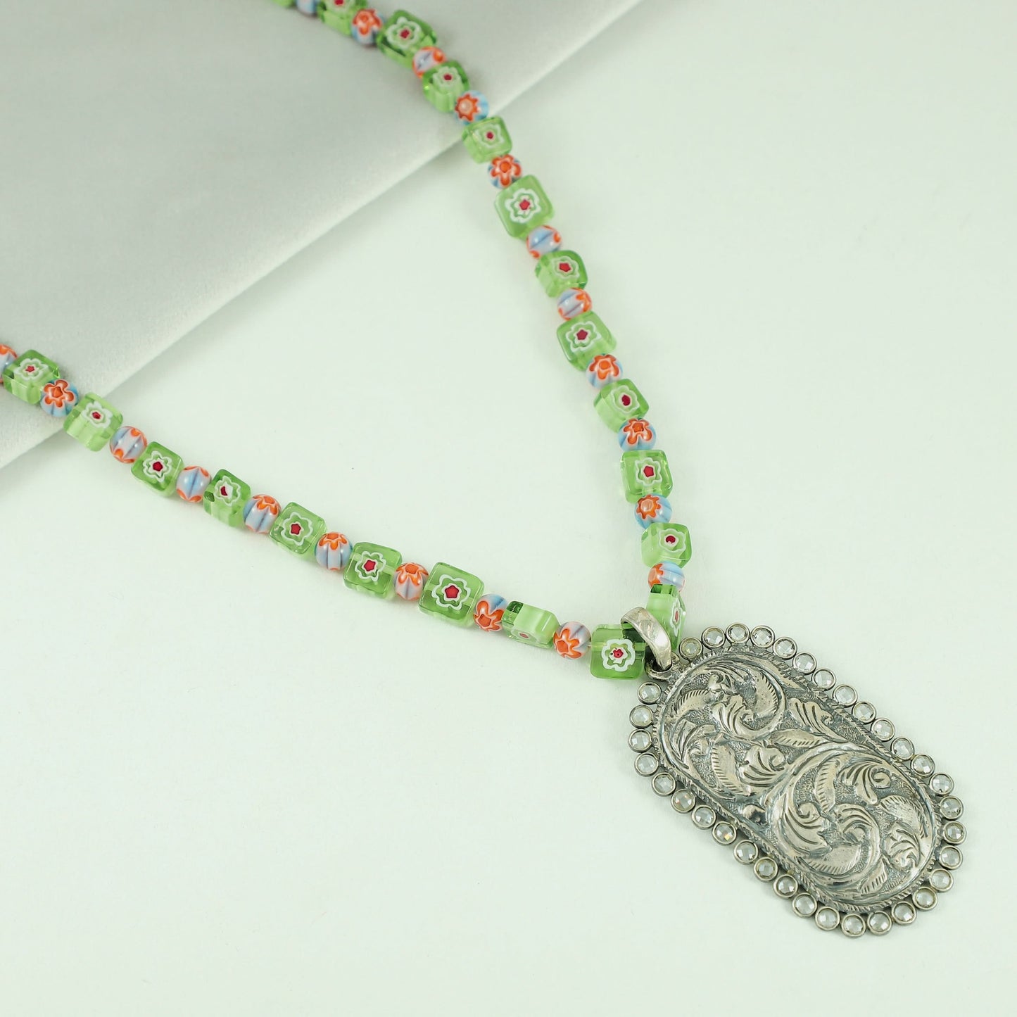 Radha Elegant Silver Paired With Floral Beads Necklace