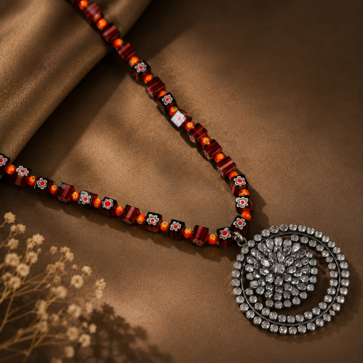 Sushmita Floral Design Colorful Silver Necklace