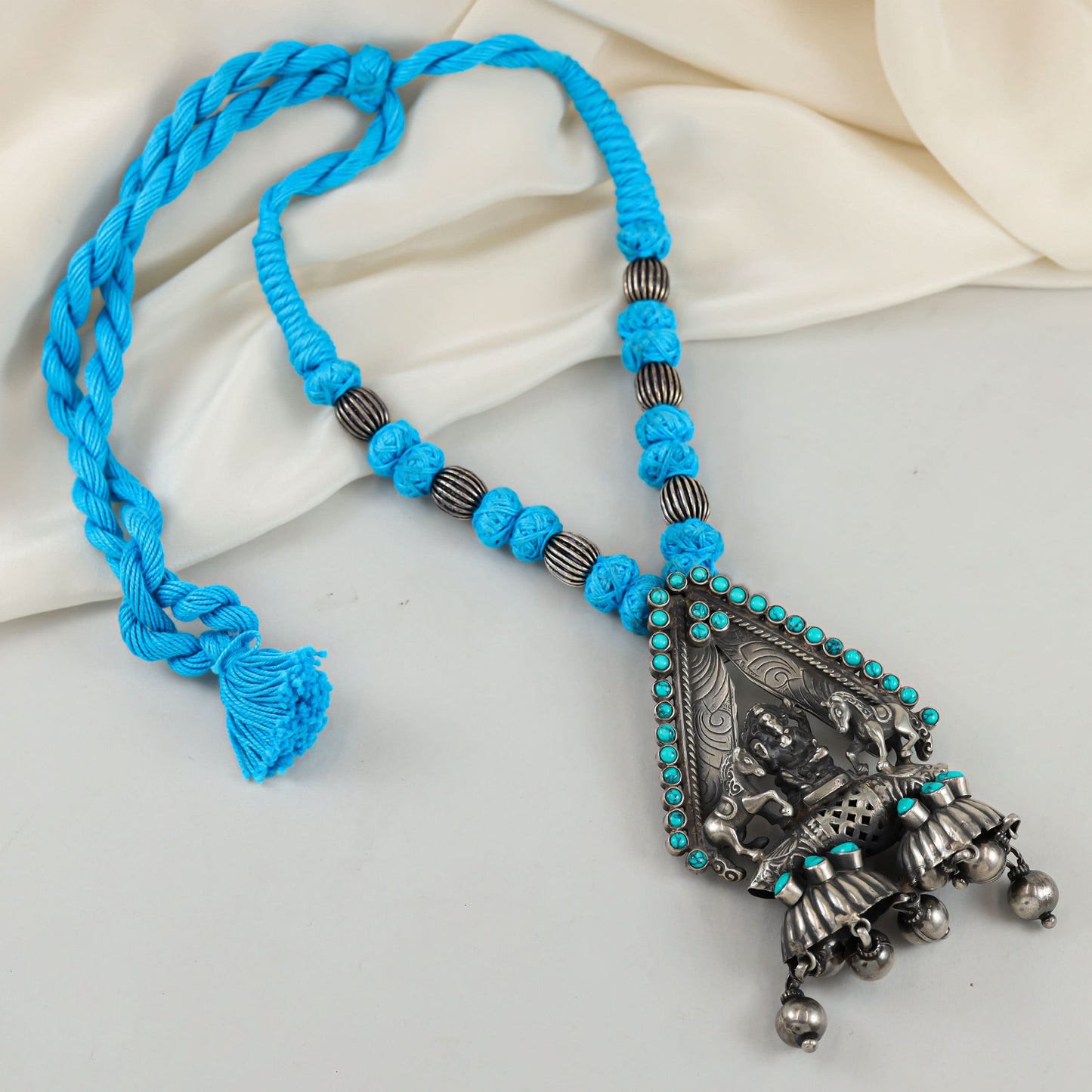 Leena Turquoise Beads And Blue Thread Silver Necklace