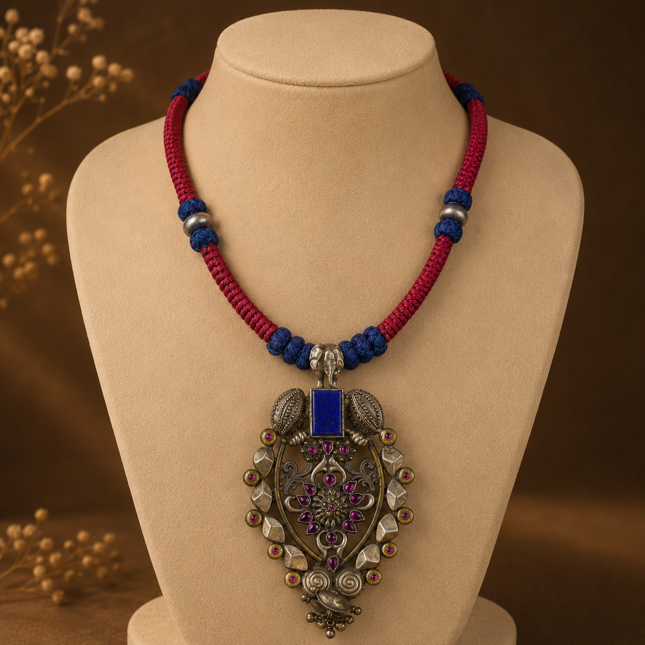 Ruby Red And Blue Color Silver Necklace