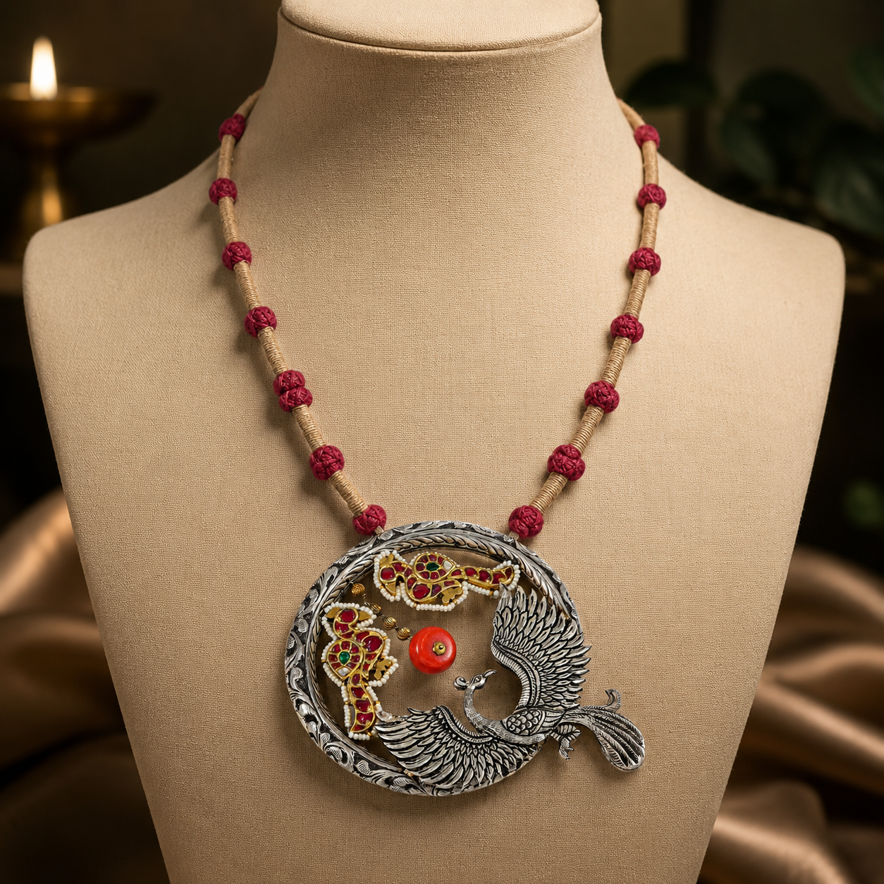Peacock Kundan Work Silver Necklace