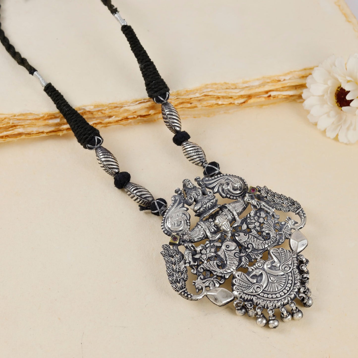 Lotus Of Lakshmi Black Thread Silver Necklace