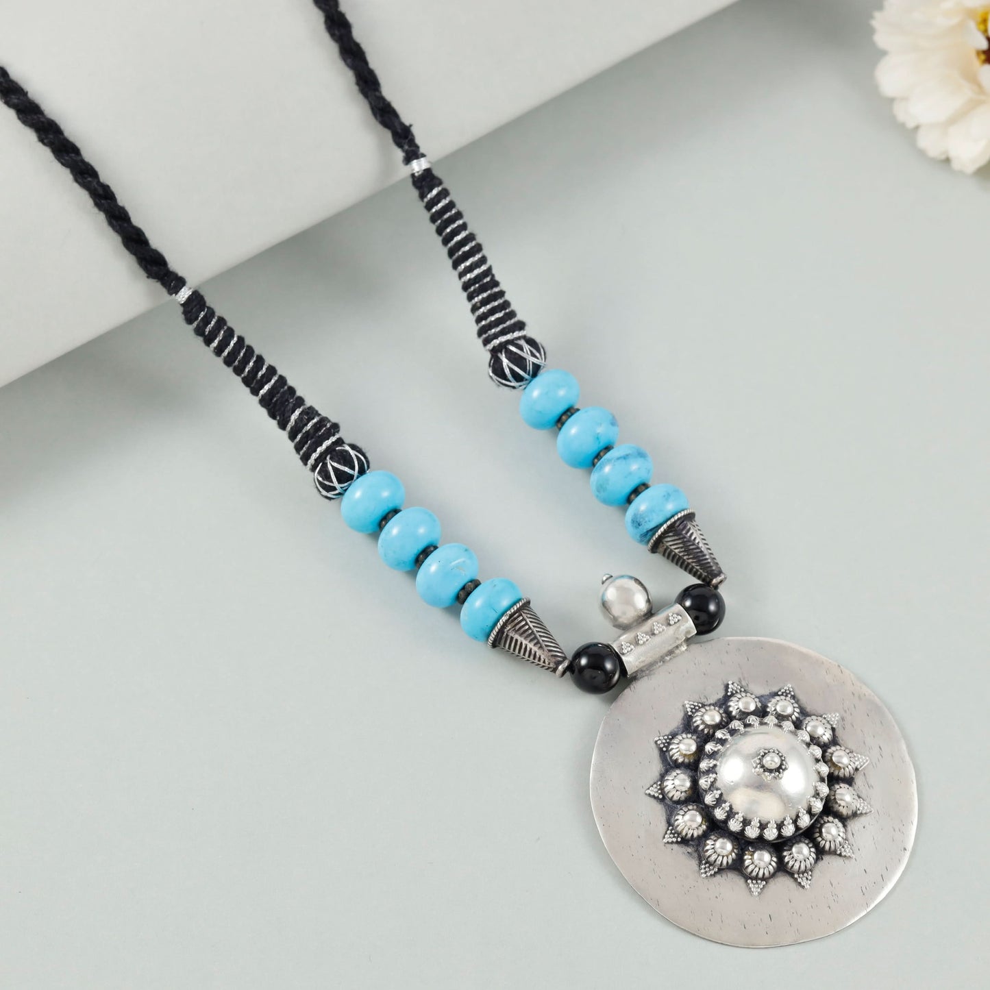 Meera Statement Silver Black Thread Necklace