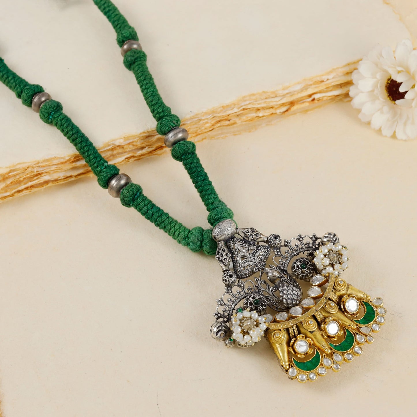 Avika Inspired Royal Green Thread Silver Necklace