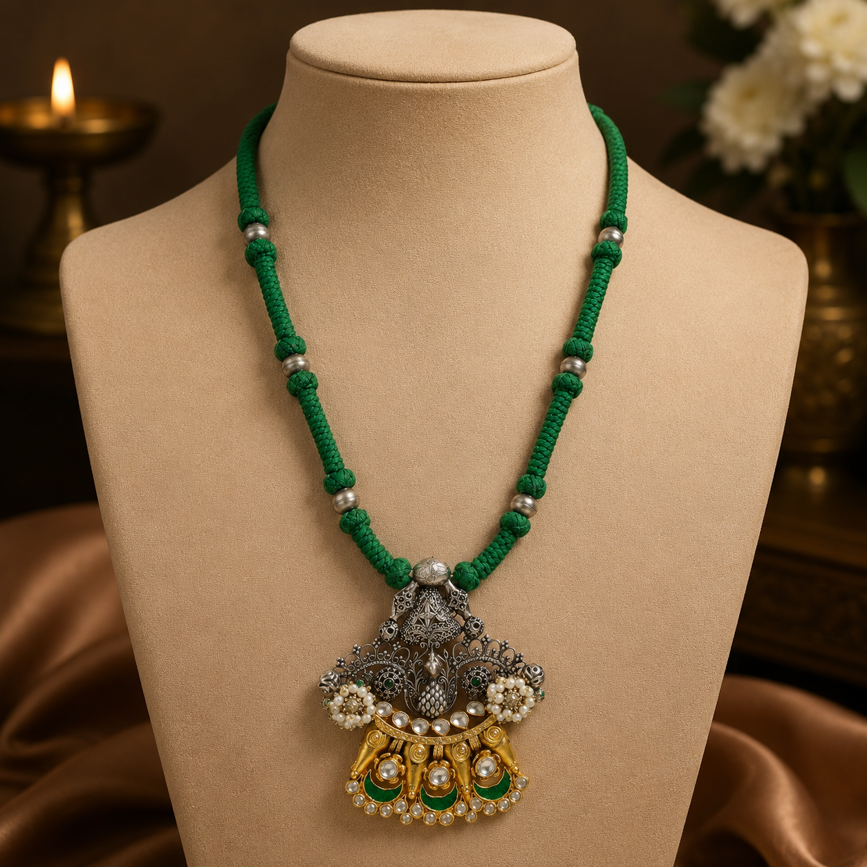 Avika Inspired Royal Green Thread Silver Necklace