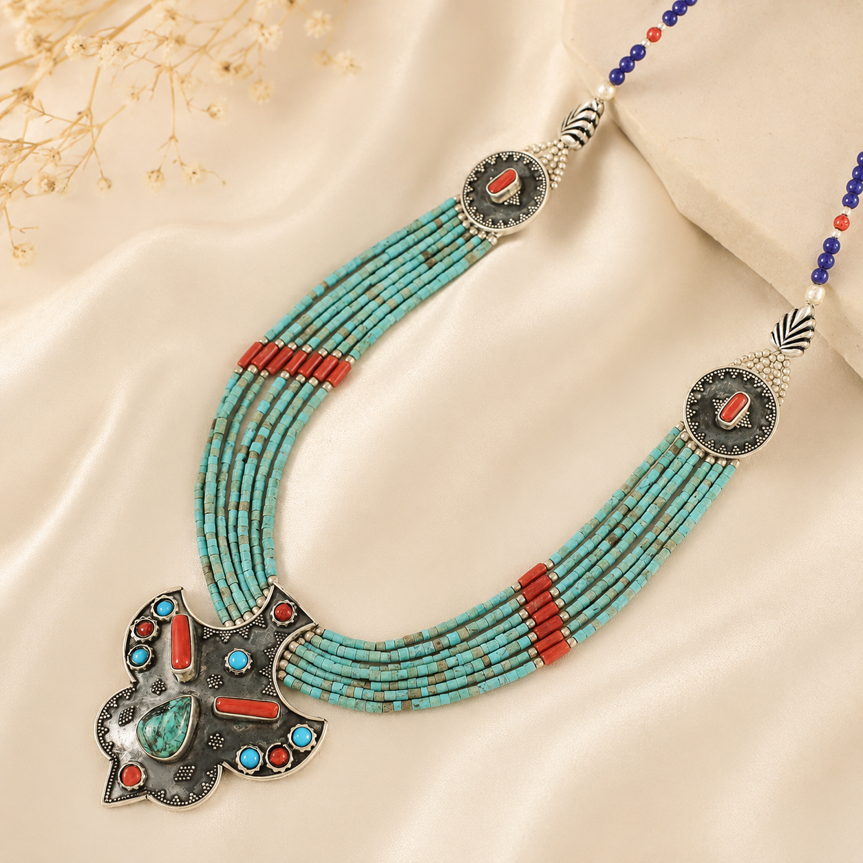 Turquoise Beaded Ethnic Charm Silver Necklace