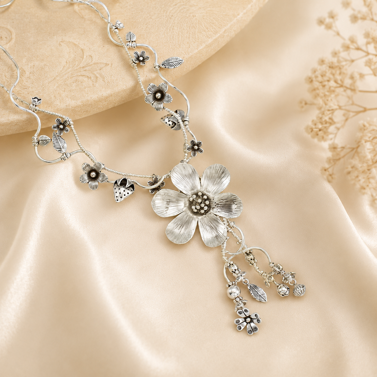 Bhavya Moonlit Flower Silver Necklace