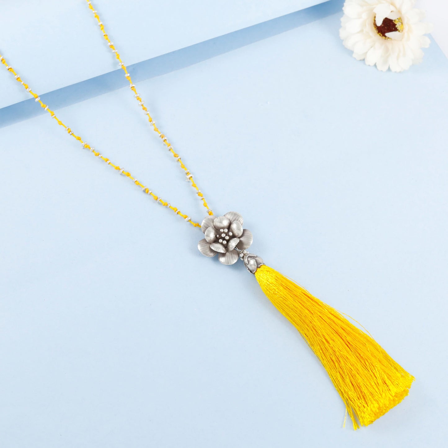 Floral Charm Silver Necklace With Tassel