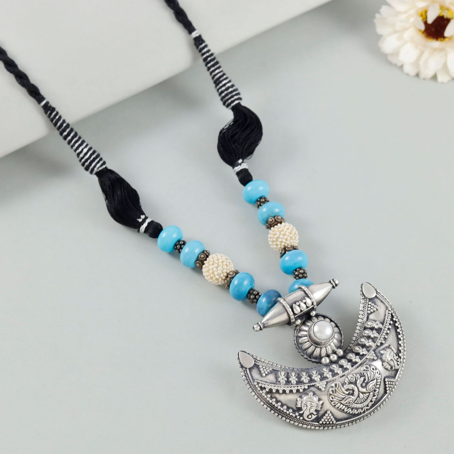 Esha Moon Design Silver Necklace Blue Beads
